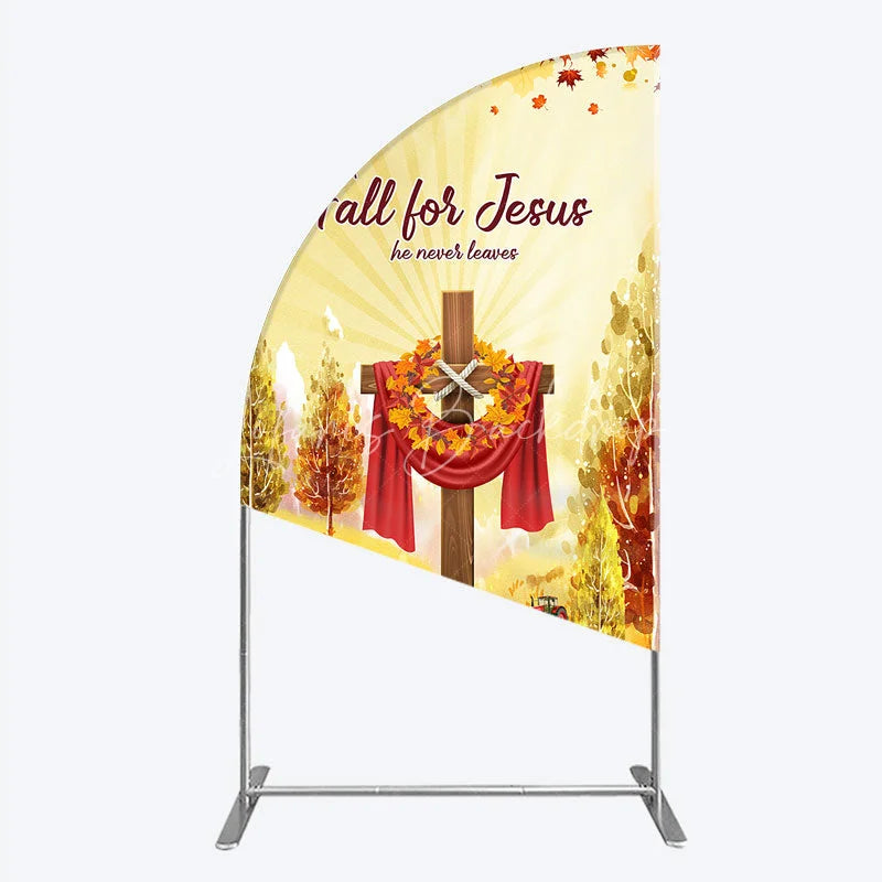 Lofaris Fall for Jesus Half Moon Arch Backdrop Christian Autumn Festival Cross with Pumpkins He Never Leaves Harvest Decor