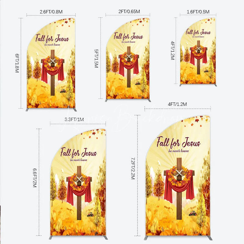 Lofaris Fall for Jesus Half Moon Arch Backdrop Christian Autumn Festival Cross with Pumpkins He Never Leaves Harvest Decor