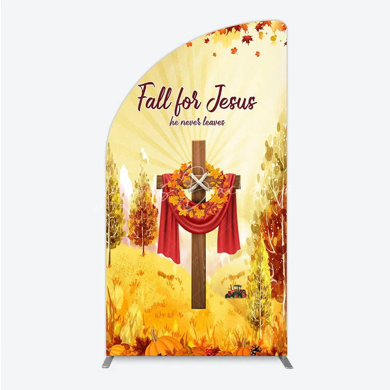 Lofaris Fall for Jesus Half Moon Arch Backdrop Christian Autumn Festival Cross with Pumpkins He Never Leaves Harvest Decor