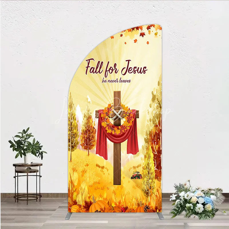 Lofaris Fall for Jesus Half Moon Arch Backdrop Christian Autumn Festival Cross with Pumpkins He Never Leaves Harvest Decor