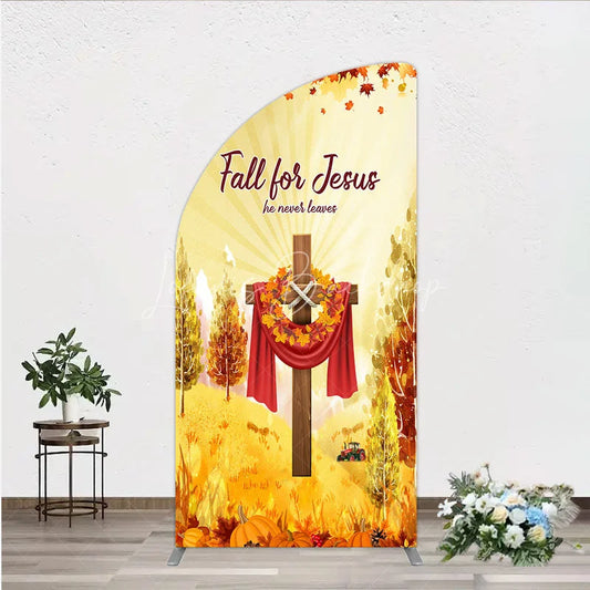 Lofaris Fall for Jesus Half Moon Arch Backdrop Christian Autumn Festival Cross with Pumpkins He Never Leaves Harvest Decor