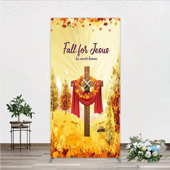 Lofaris Fall for Jesus Rectangle Backdrop Christian Autumn Festival Cross with Pumpkins He Never Leaves Harvest Decor
