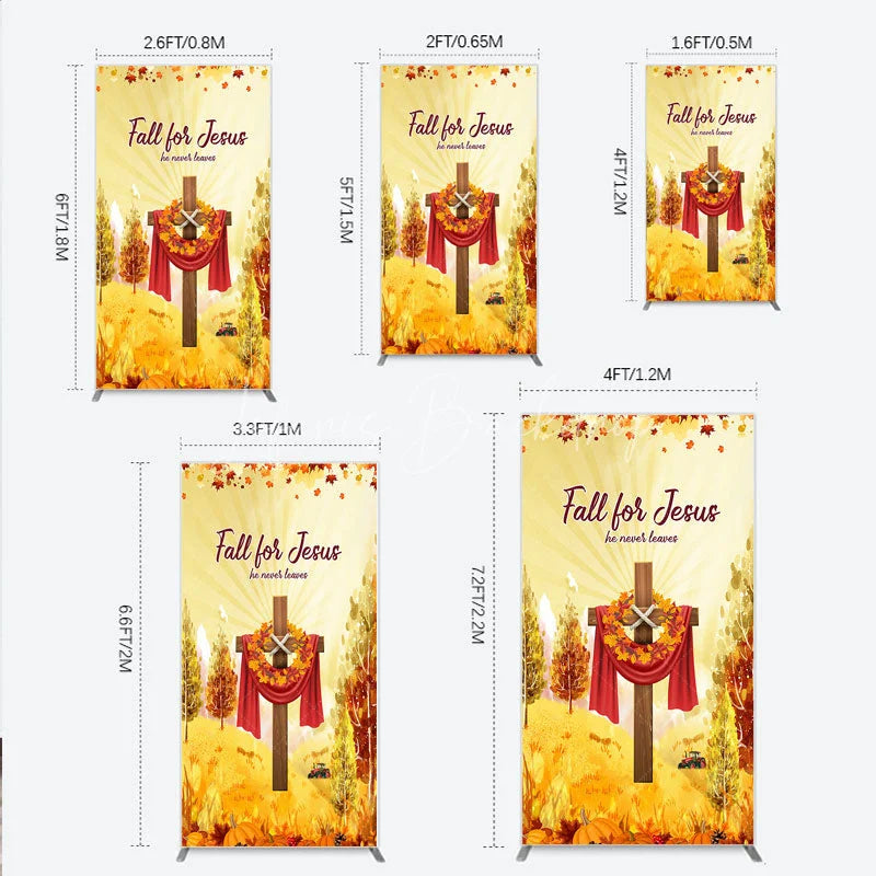 Lofaris Fall for Jesus Rectangle Backdrop Christian Autumn Festival Cross with Pumpkins He Never Leaves Harvest Decor