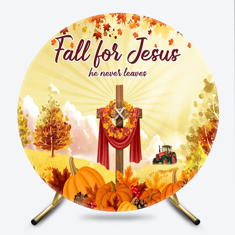 Lofaris Fall for Jesus Round Backdrop Christian Autumn Festival Cross with Pumpkins He Never Leaves Harvest Decor
