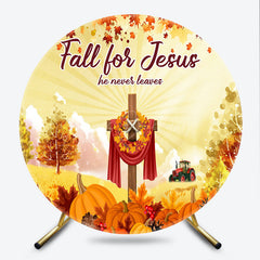 Lofaris Fall for Jesus Round Backdrop Christian Autumn Festival Cross with Pumpkins He Never Leaves Harvest Decor