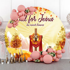 Lofaris Fall for Jesus Round Backdrop Christian Autumn Festival Cross with Pumpkins He Never Leaves Harvest Decor