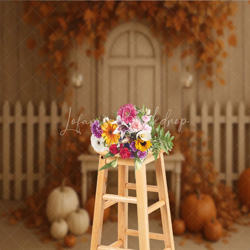 Lofaris Fall Pumpkin Patch Backdrop White Fence Rustic Door Maple Leaves Background Autumn Harvest Thanksgiving Party Prop