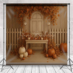 Lofaris Fall Pumpkin Patch Backdrop White Fence Rustic Door Maple Leaves Background Autumn Harvest Thanksgiving Party Prop
