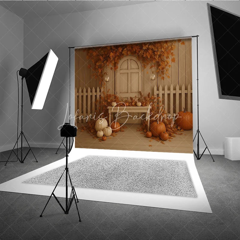 Lofaris Fall Pumpkin Patch Backdrop White Fence Rustic Door Maple Leaves Background Autumn Harvest Thanksgiving Party Prop
