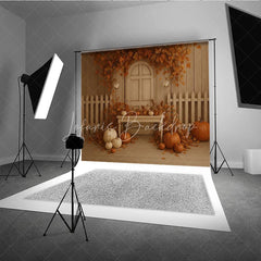 Lofaris Fall Pumpkin Patch Backdrop White Fence Rustic Door Maple Leaves Background Autumn Harvest Thanksgiving Party Prop