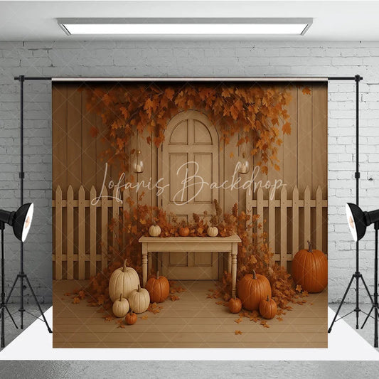 Lofaris Fall Pumpkin Patch Backdrop White Fence Rustic Door Maple Leaves Background Autumn Harvest Thanksgiving Party Prop