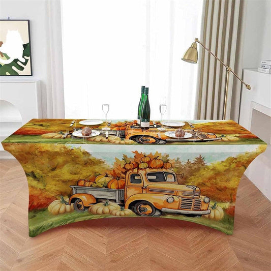 Lofaris Fall Thanksgiving Orange Truck Pumpkin Stretch Table Cover