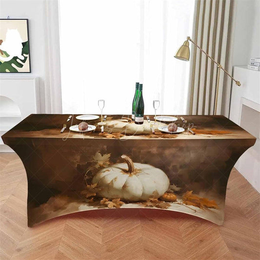 Lofaris Fall Thanksgiving White Pumpkin Elegant Stretch Table Cover