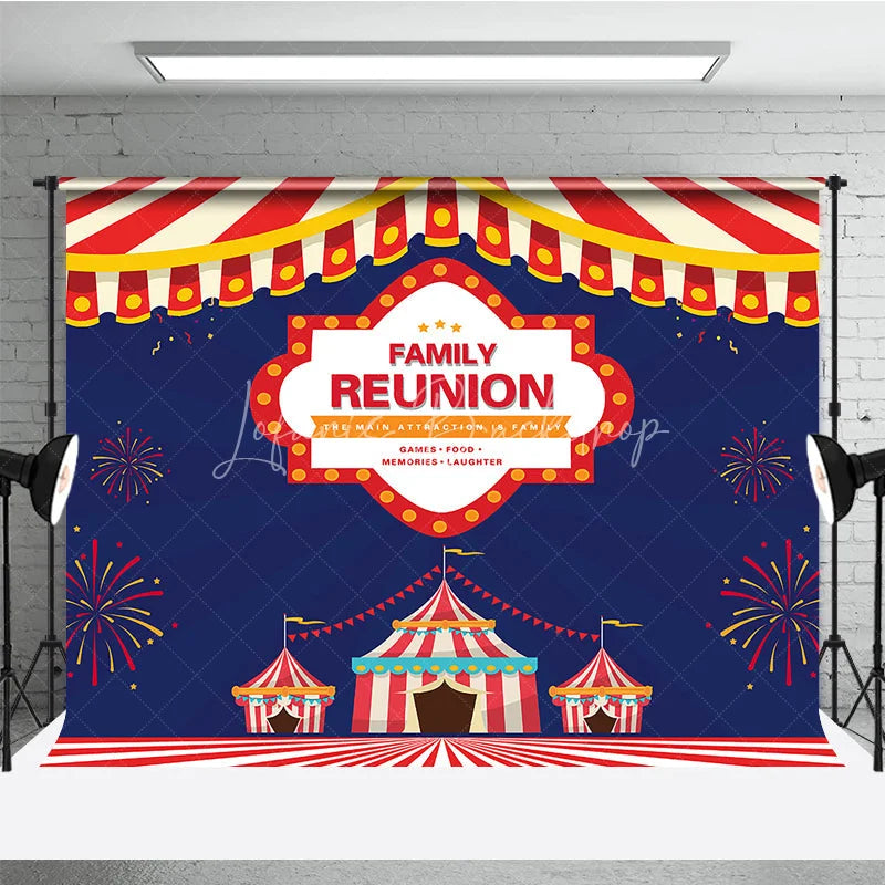 Lofaris Family Reunion Backdrop with Carnival Circus Tent Red and White Stripes Theme Welcome Banner for Party Decor