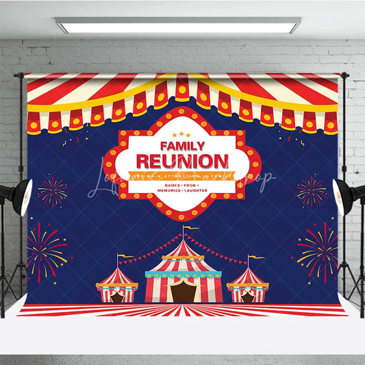 Lofaris Family Reunion Backdrop with Carnival Circus Tent Red and White Stripes Theme Welcome Banner for Party Decor