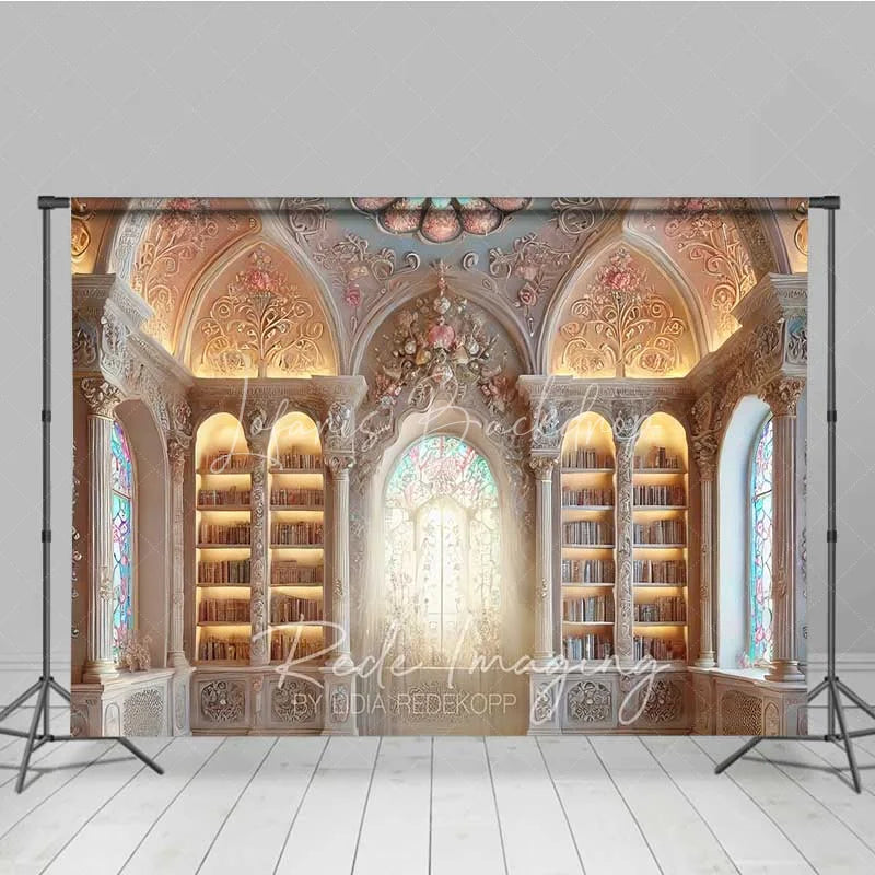 Lofaris Fantasy Castle Library Photography Backdrop Ornate Arch Stained Glass Window Background Magic School Photo Prop