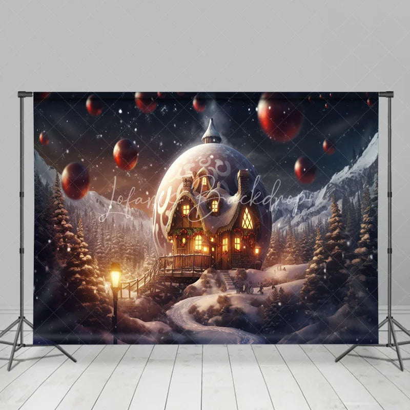 Lofaris Fantasy Christmas Backdrop Giant Ornament House in Snow Magical Winter Forest Holiday Photography Props