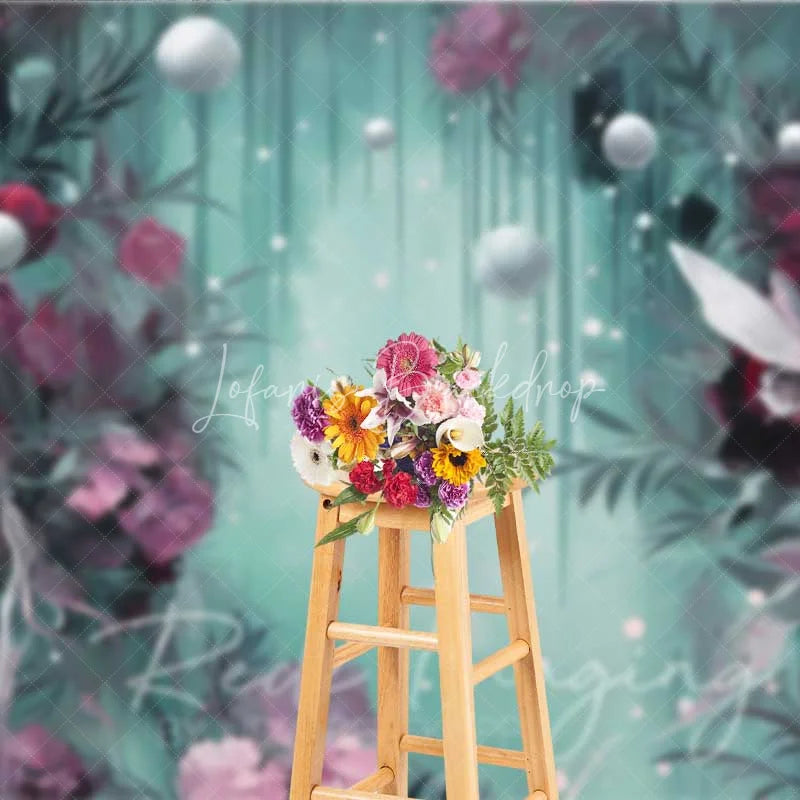 Lofaris Fantasy Floral Pearl Photography Backdrop Burgundy Flowers Teal Green Mist Background Dreamy Artistic Photo Prop