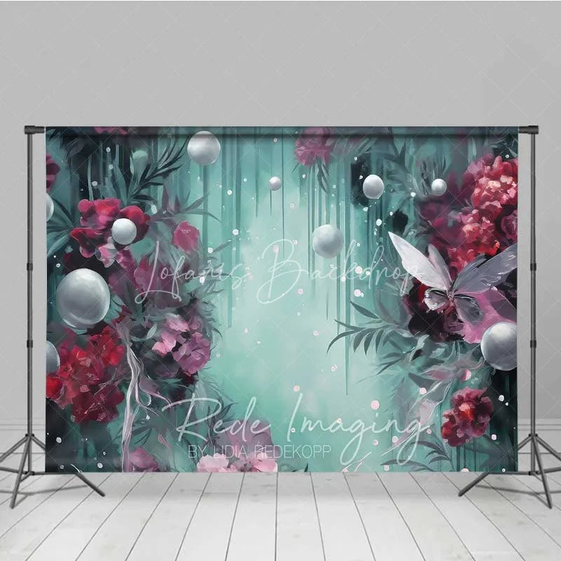 Lofaris Fantasy Floral Pearl Photography Backdrop Burgundy Flowers Teal Green Mist Background Dreamy Artistic Photo Prop