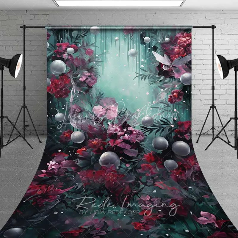 Lofaris Fantasy Floral Pearl Sweep Backdrop Burgundy Flowers Teal Mist Photography Floor Mat Artistic Dreamy Decoration