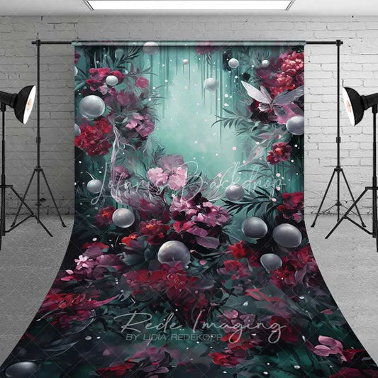 Lofaris Fantasy Floral Pearl Sweep Backdrop Burgundy Flowers Teal Mist Photography Floor Mat Artistic Dreamy Decoration