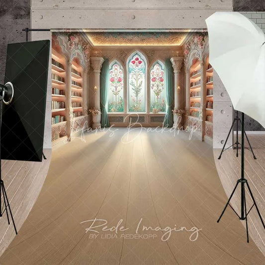 Lofaris Fantasy Library Sweep Backdrop Wooden Floor Stained Glass Light Photography Mat Magic School Decoration
