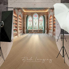 Lofaris Fantasy Library Sweep Backdrop Wooden Floor Stained Glass Light Photography Mat Magic School Decoration