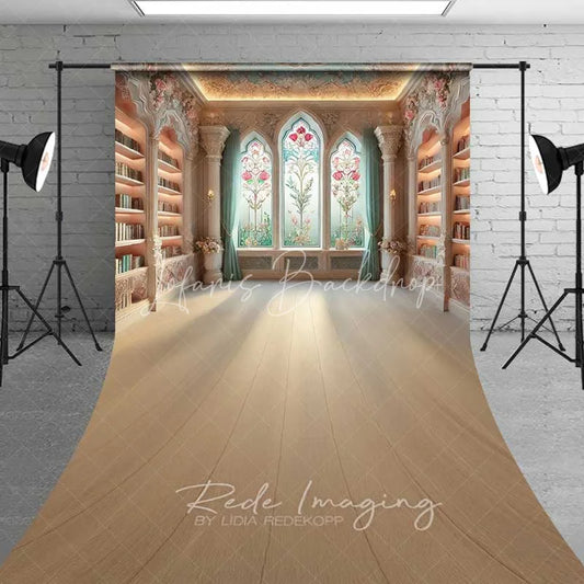 Lofaris Fantasy Library Sweep Backdrop Wooden Floor Stained Glass Light Photography Mat Magic School Decoration