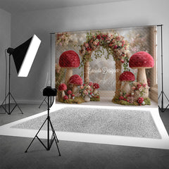 Lofaris Fantasy Mushroom Arch Photography Backdrop Red Toadstools with Floral Garland Enchanted Wedding Photo Background