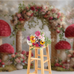 Lofaris Fantasy Mushroom Arch Photography Backdrop Red Toadstools with Floral Garland Enchanted Wedding Photo Background