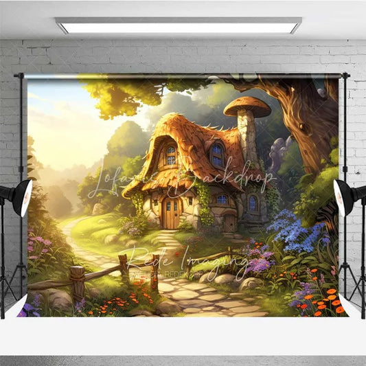 Lofaris Fantasy Mushroom House Photography Backdrop Fairytale Forest Cottage Photo Background Magic Garden Path Booth Prop
