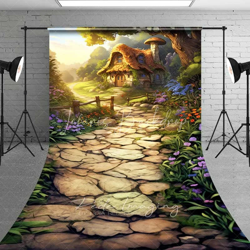 Lofaris Fantasy Mushroom House Sweep Photo Backdrop Fairytale Forest Cottage Background Magic Garden Path Floor Prop