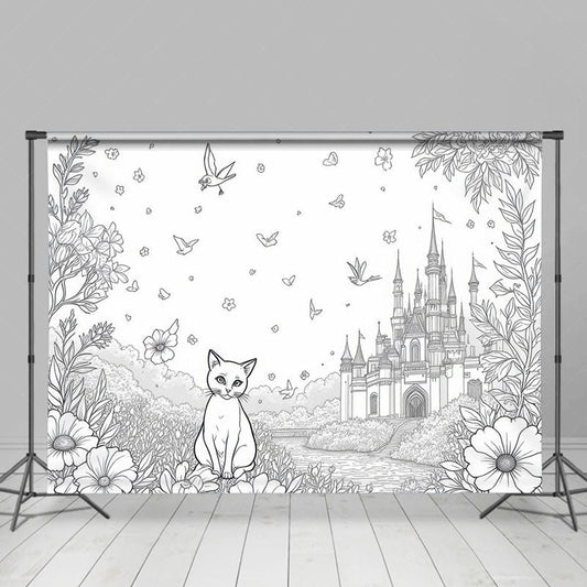 Lofaris Fantasy Scene Sitting Cat Flowers Castle Backdrop