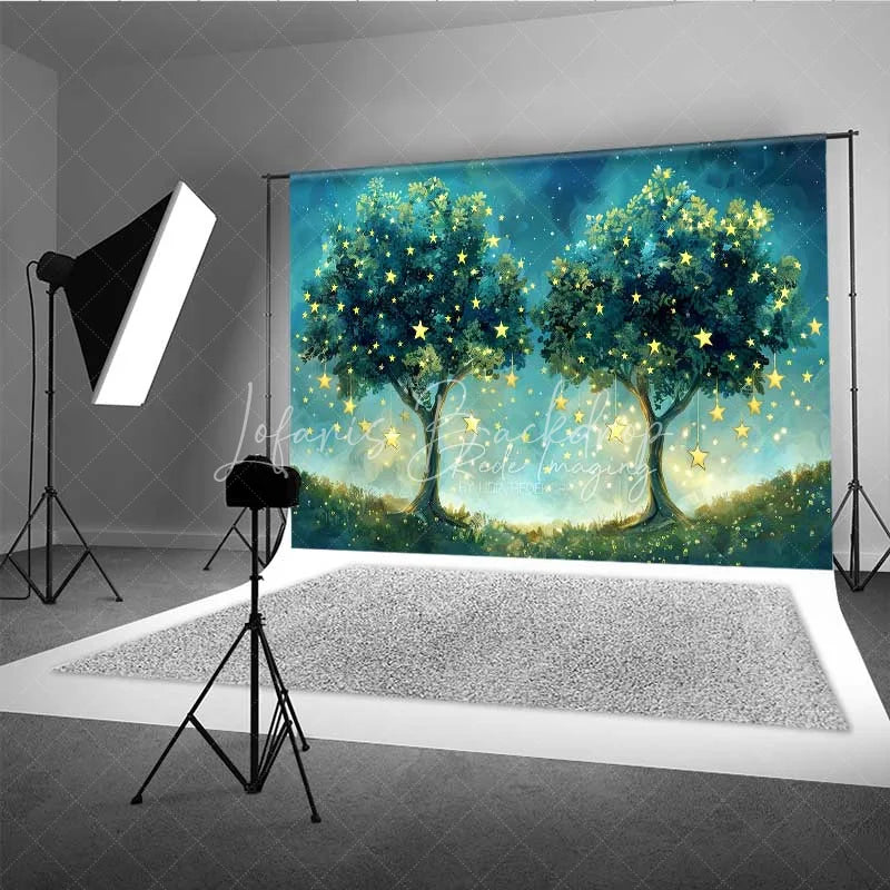 Lofaris Fantasy Starry Tree Photography Backdrop Magical Forest Glowing Night Sky Photo Background Dreamy Blue Woods Booth Prop