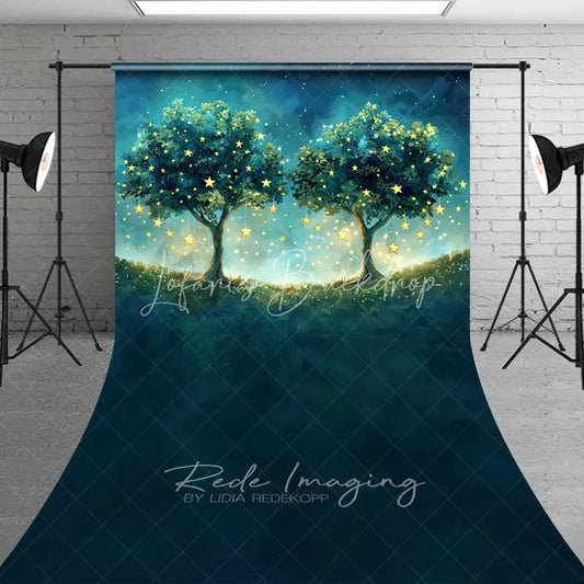 Lofaris Fantasy Starry Tree Sweep Photo Backdrop Magical Forest Glowing Night Sky Background Dreamy Blue Woods Floor Prop