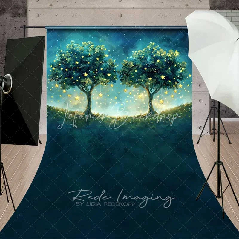 Lofaris Fantasy Starry Tree Sweep Photo Backdrop Magical Forest Glowing Night Sky Background Dreamy Blue Woods Floor Prop