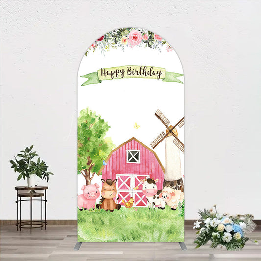 Lofaris Farm Animals Birthday Arch Backdrop for Girl Watercolor Pink Barnyard and Floral Theme Happy Party Decor