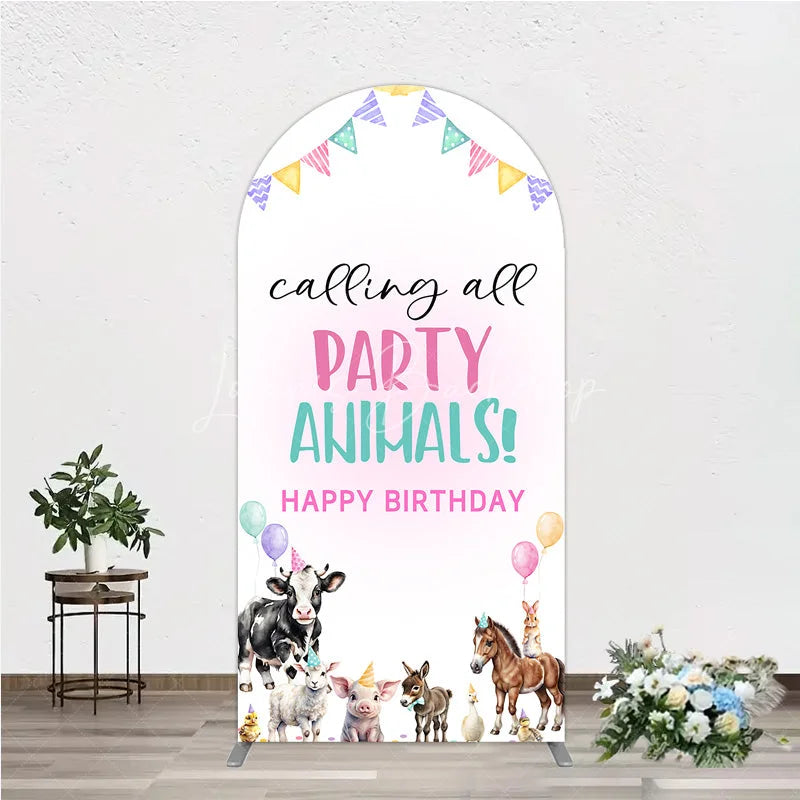 Lofaris Farm Animals Birthday Arched Backdrop ’Calling All Party Animals’ for Rustic Farmhouse Barnyard Decor