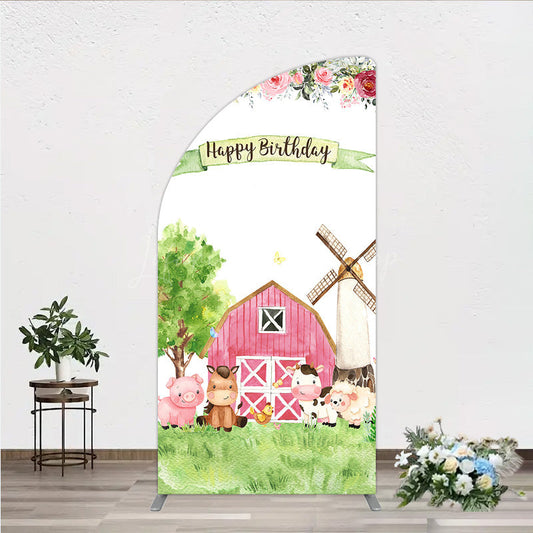 Lofaris Farm Animals Birthday Half Moon Arch Backdrop for Girl Watercolor Pink Barnyard and Floral Theme Happy Party Decor