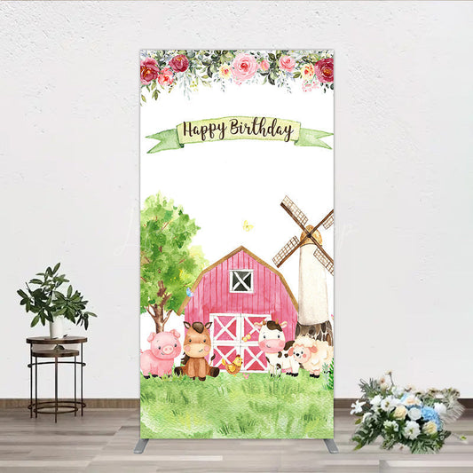 Lofaris Farm Animals Birthday Rectangle Backdrop for Girl Watercolor Pink Barnyard and Floral Theme Happy Party Decor