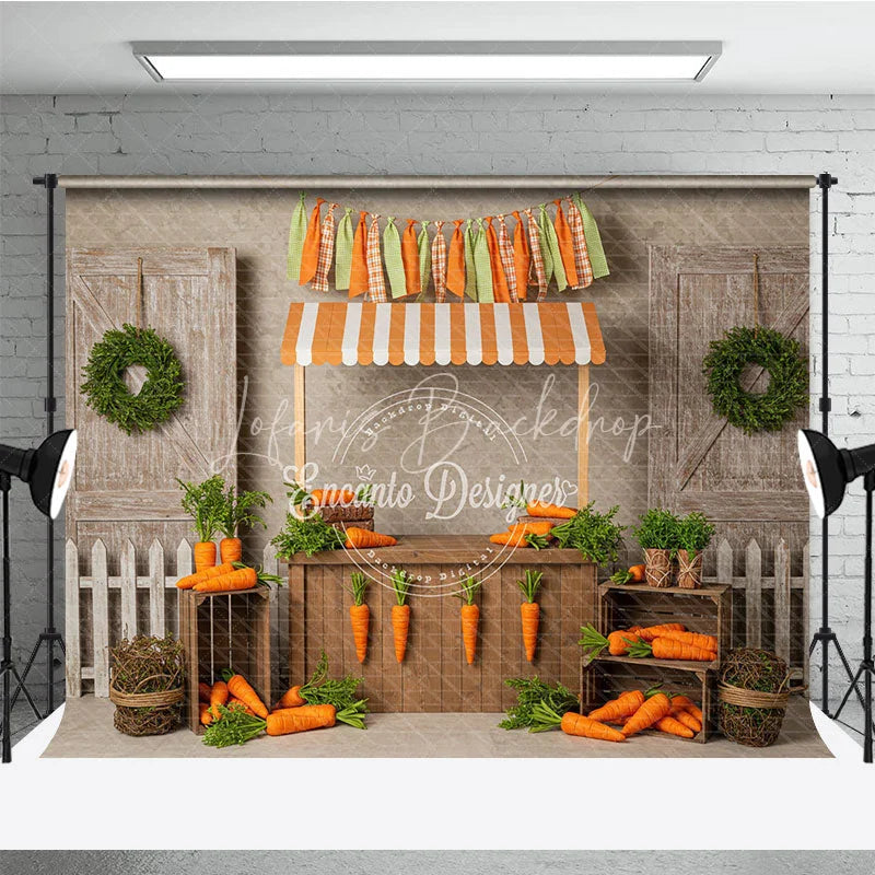 Lofaris Farmer’s Market Carrot Stand Backdrop Easter Garden Barn Door Photography Background