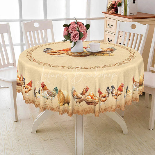 Lofaris Farmhouse Chicken and Eggs Round Tablecloth Rustic Country Style with Hens Vintage Kitchen Dining Decor