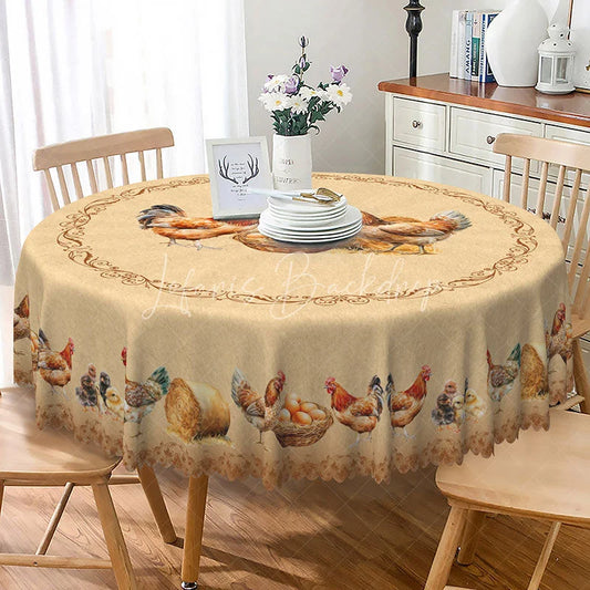 Lofaris Farmhouse Chicken and Eggs Round Tablecloth Rustic Country Style with Hens Vintage Kitchen Dining Decor