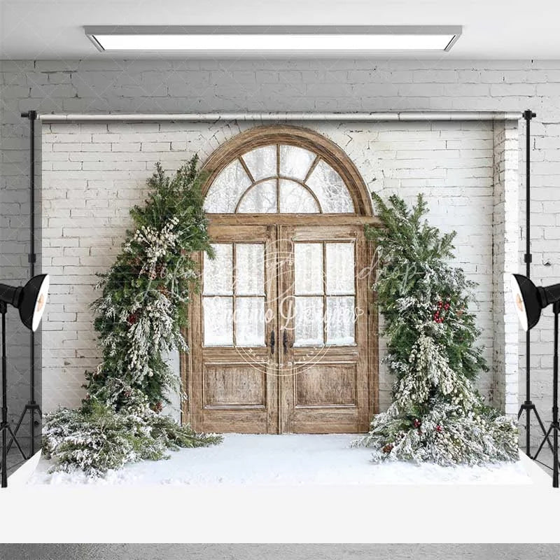 Lofaris Farmhouse Christmas Backdrop Rustic Wood Arched Door Snowy Pine Garland White Brick Wall Background