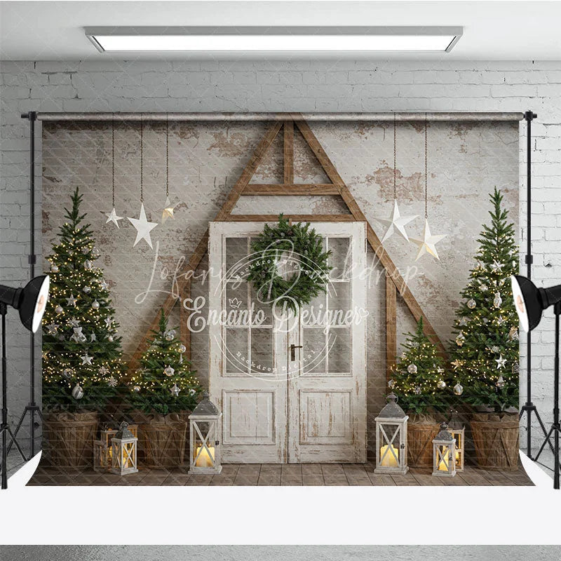 Lofaris Farmhouse Christmas Door Photography Backdrop Rustic A-Frame with Trees Holiday Mini Session Background