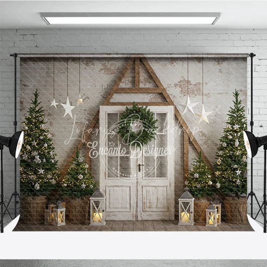 Lofaris Farmhouse Christmas Door Photography Backdrop Rustic A-Frame with Trees Holiday Mini Session Background