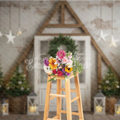Lofaris Farmhouse Christmas Door Photography Backdrop Rustic A-Frame with Trees Holiday Mini Session Background