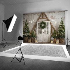 Lofaris Farmhouse Christmas Door Photography Backdrop Rustic A-Frame with Trees Holiday Mini Session Background