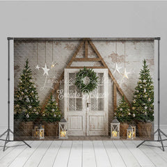 Lofaris Farmhouse Christmas Door Photography Backdrop Rustic A-Frame with Trees Holiday Mini Session Background