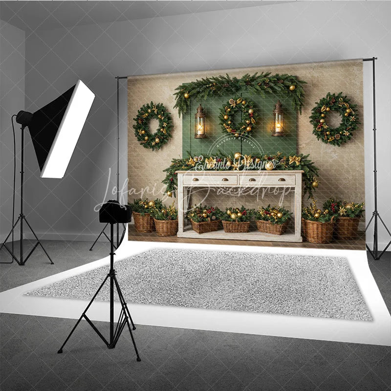 Lofaris Farmhouse Christmas Photography Backdrop Green Wall with Wreaths and Lanterns Rustic Holiday Photo Background